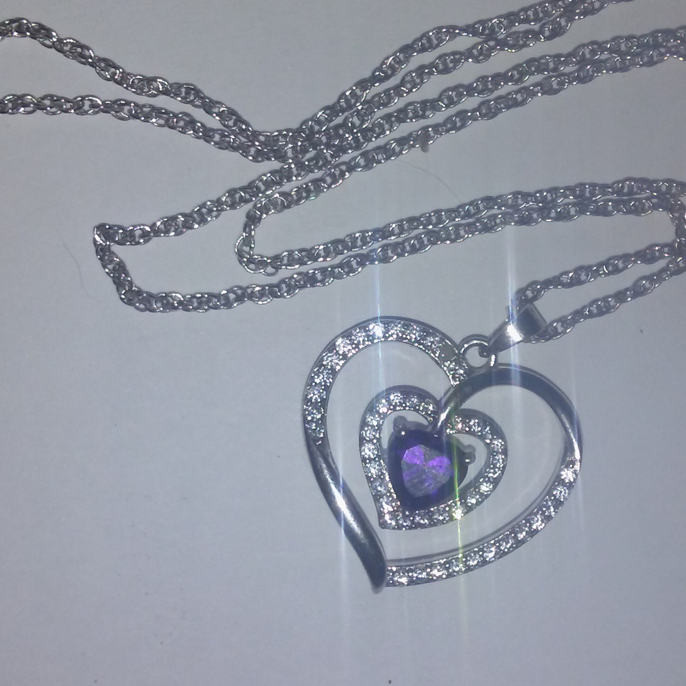Heart necklace purple stone clear crystal stamped - Picture 1 of 2